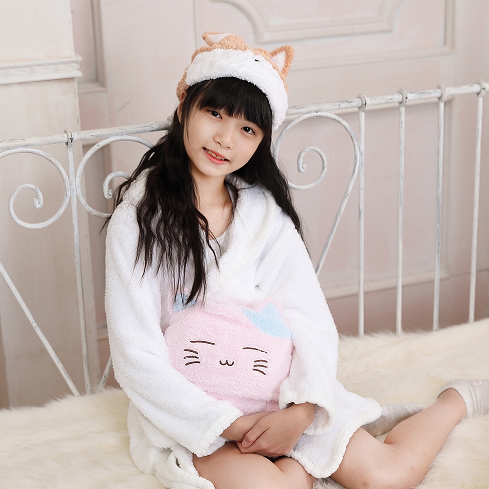【MORINO摩力諾】超細纖維動物造型速乾兒童罩袍浴帽組合(貓咪)