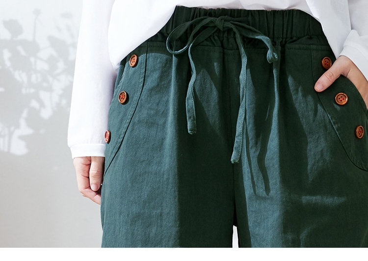 慢 生活 木質紋釦鬆緊帶腰頭九分寬褲- 綠色