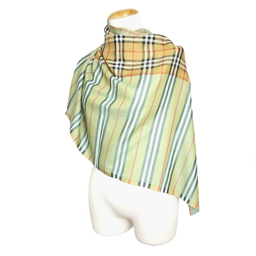 BURBERRY Vintage 雙面格紋輕盈羊毛絲綢圍巾(粉綠)