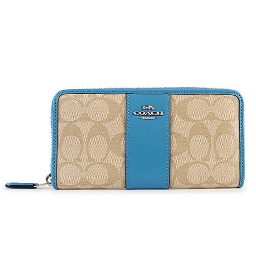 COACH 經典雙C防刮標誌拼接皮革拉鍊長夾-青藍/卡其