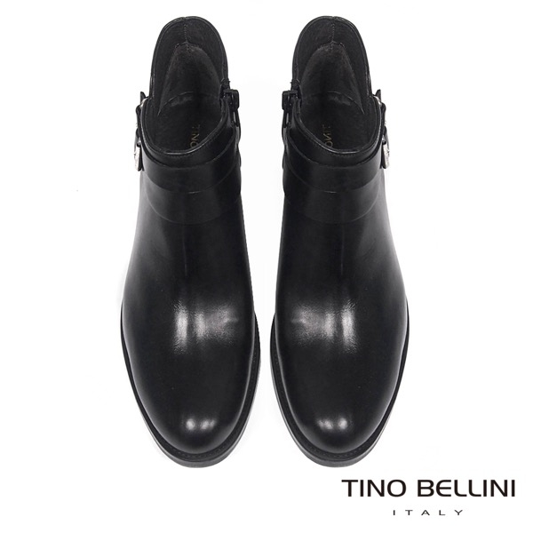 Tino Bellini雙皮帶全真皮低跟短踝靴_黑