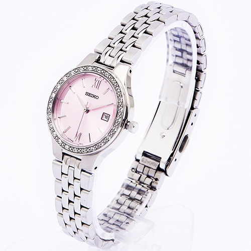 SEIKO 晶鑽銀色系女性手錶(SUR765P1)-粉色面X銀色/28mm
