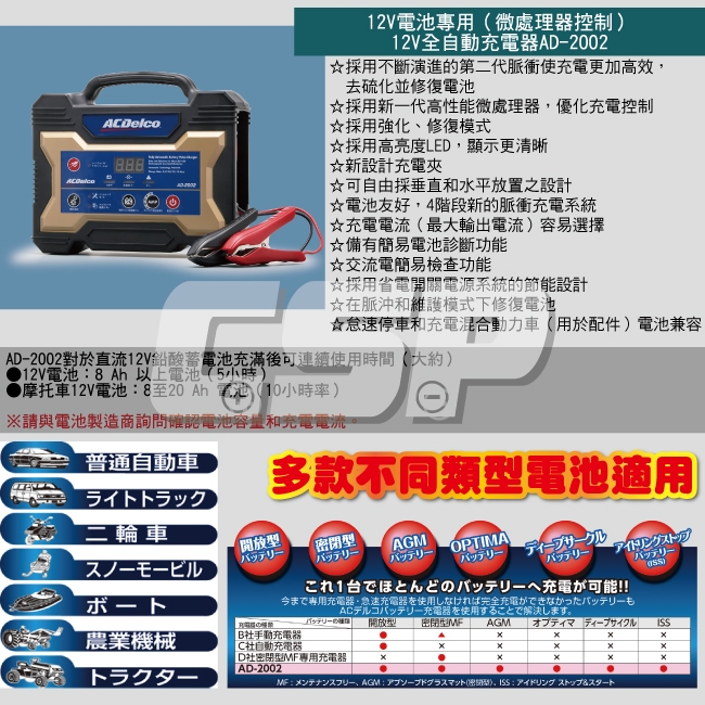 ACDelco】美國德科AD-2002 汽機車電池脈衝式充電器(AD-0002升級版