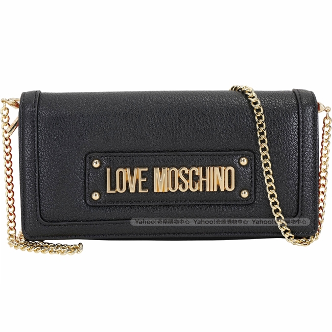 LOVE MOSCHINO 黑色皮革長夾/鍊帶包(內層紅色)