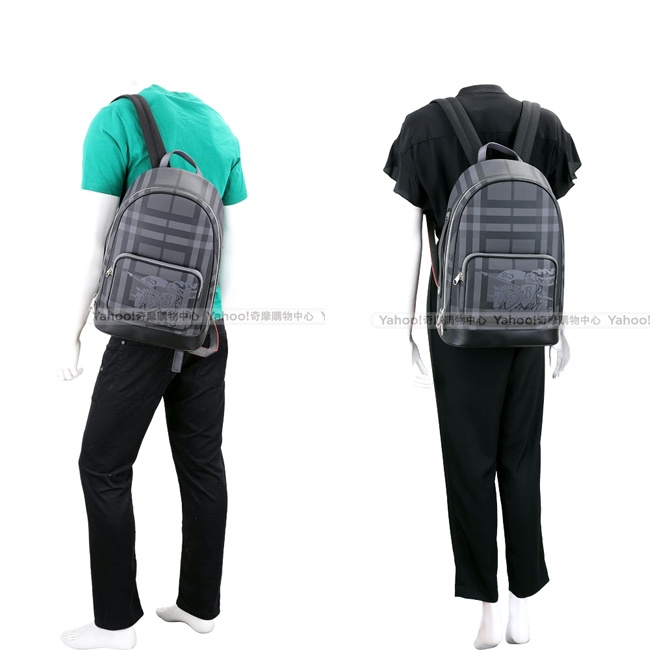 BURBERRY London 戰馬騎士格紋皮革後背包(碳灰色)