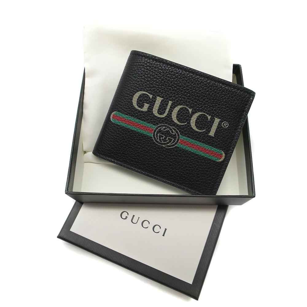 GUCCI 綠紅綠印花LOGO牛皮8卡黑對折短夾