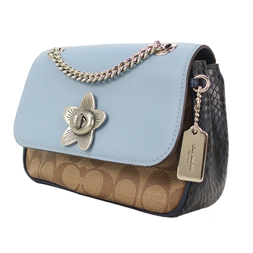 COACH 經典緹花茶香玫瑰旋扣拼接蛇紋鏈帶斜背/肩背兩用包(藍)