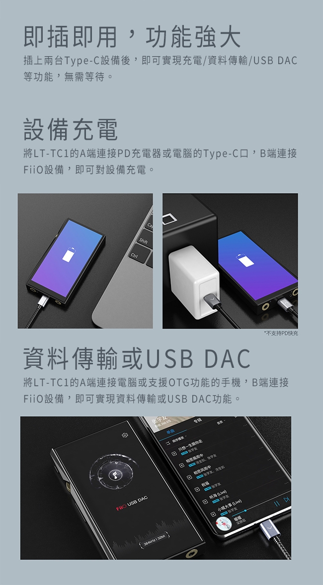 FiiO LT-TC1 TYPE-C轉TYPE-C 充電數據線