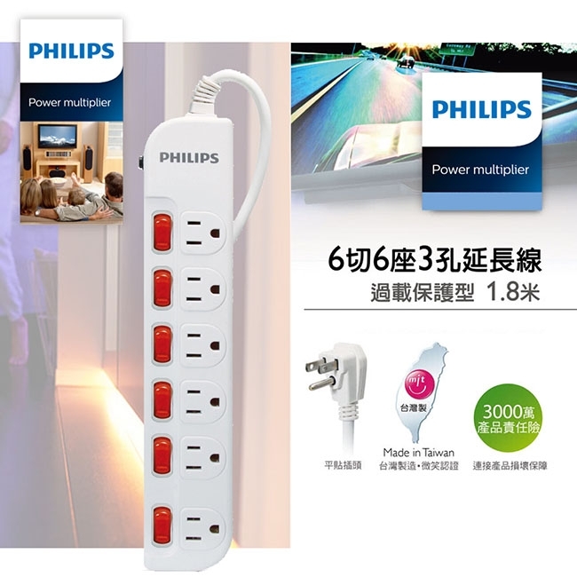 PHILIPS 6開6插電腦延長線 1.8M (6尺)白色 SPB2661WA