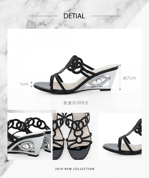 【CUMAR】情迷哈瓦那 - 眼睛鑽飾特殊鏤空楔型跟鞋-黑