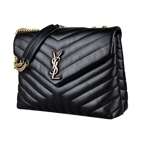 YSL SAINT LAURENT LOULOU金字LOGO Y字紋小牛皮扣式斜背包(黑