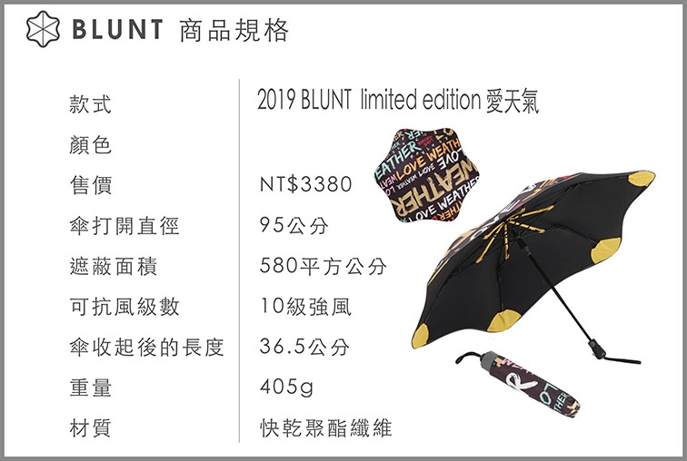 【BLUNT】2019 台灣區限量版 圖騰完全抗UV折傘 愛天氣