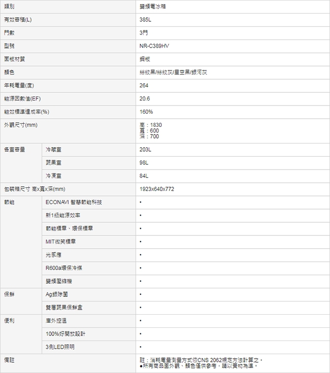 Panasonic國際牌 385公升 一級能效三門變頻電冰箱 NR-C389HV