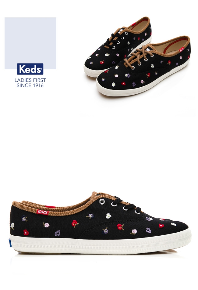 Keds CHAMPION 刺繡小碎花綁帶休閒鞋-黑