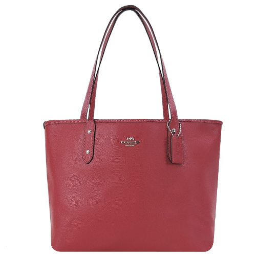 COACH 馬車 LOGO 素面防刮皮革托特包(桃火紅)