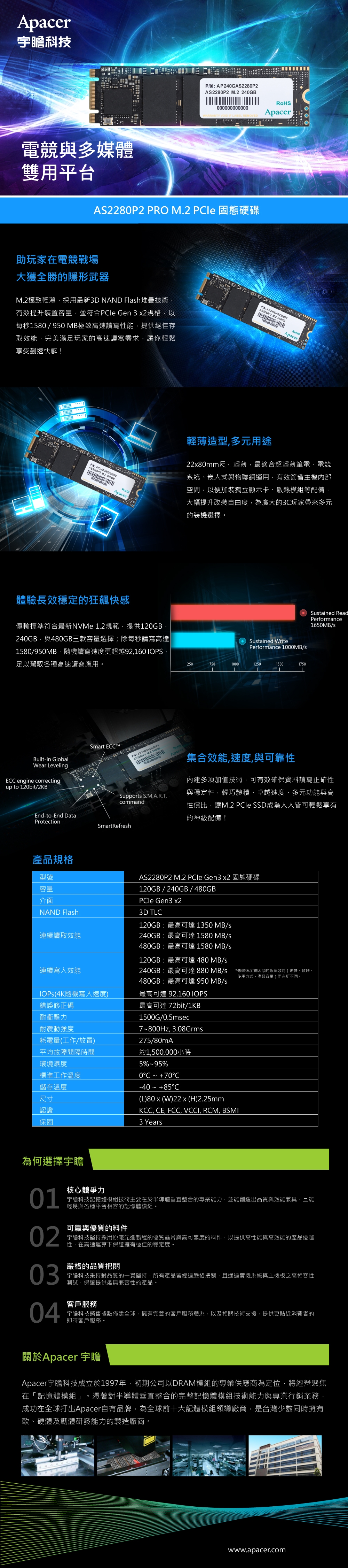 APACER AS2280P2 M.2 PCIe Gen3 x2 480G固態硬碟