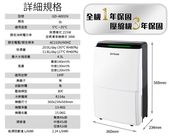 GPLUS 12L 2級極度乾燥節能清淨除濕機 GD-A001N