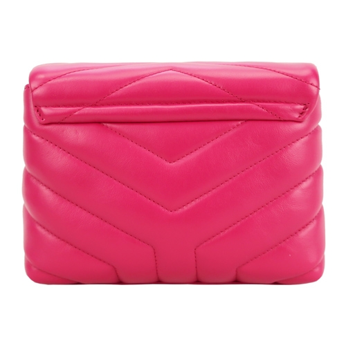 YSL Saint Laurent LOGO牛皮Y字縫線翻小斜背包(桃紅)