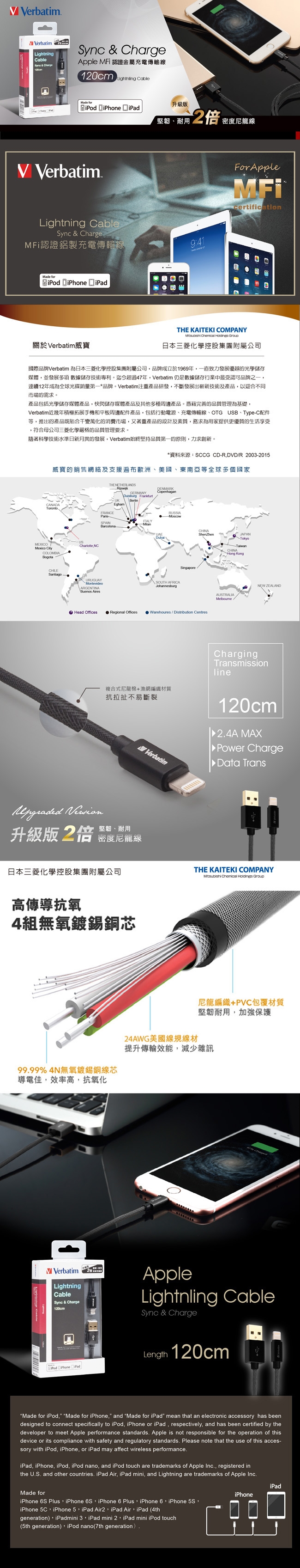 【二入組】Verbatim Apple MFi認證鋁合金充電傳輸線 120cm