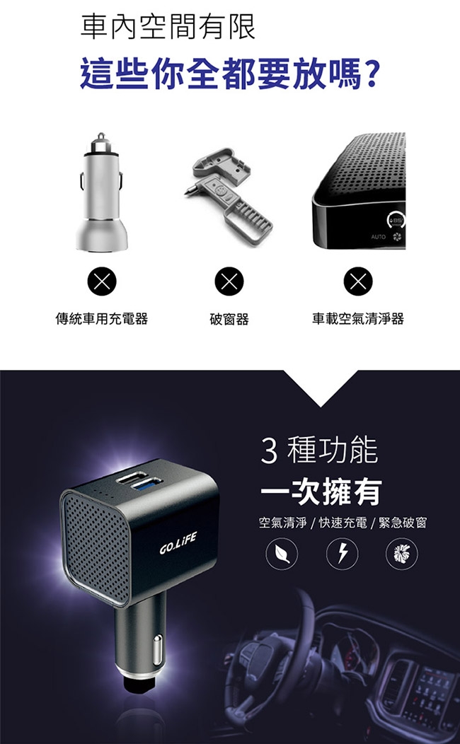 【GOLiFE】GoPure 多功能車用負離子空氣清淨器(清淨器、充電、擊破器)