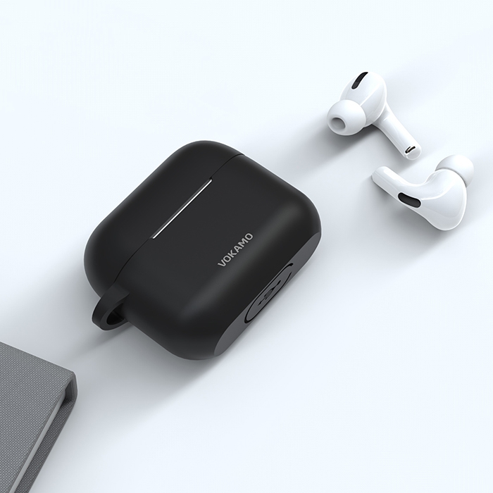 VOKAMO AirPods Pro 矽膠防震保護殼-黑色(附隨身掛鉤+磁吸頸掛繩)