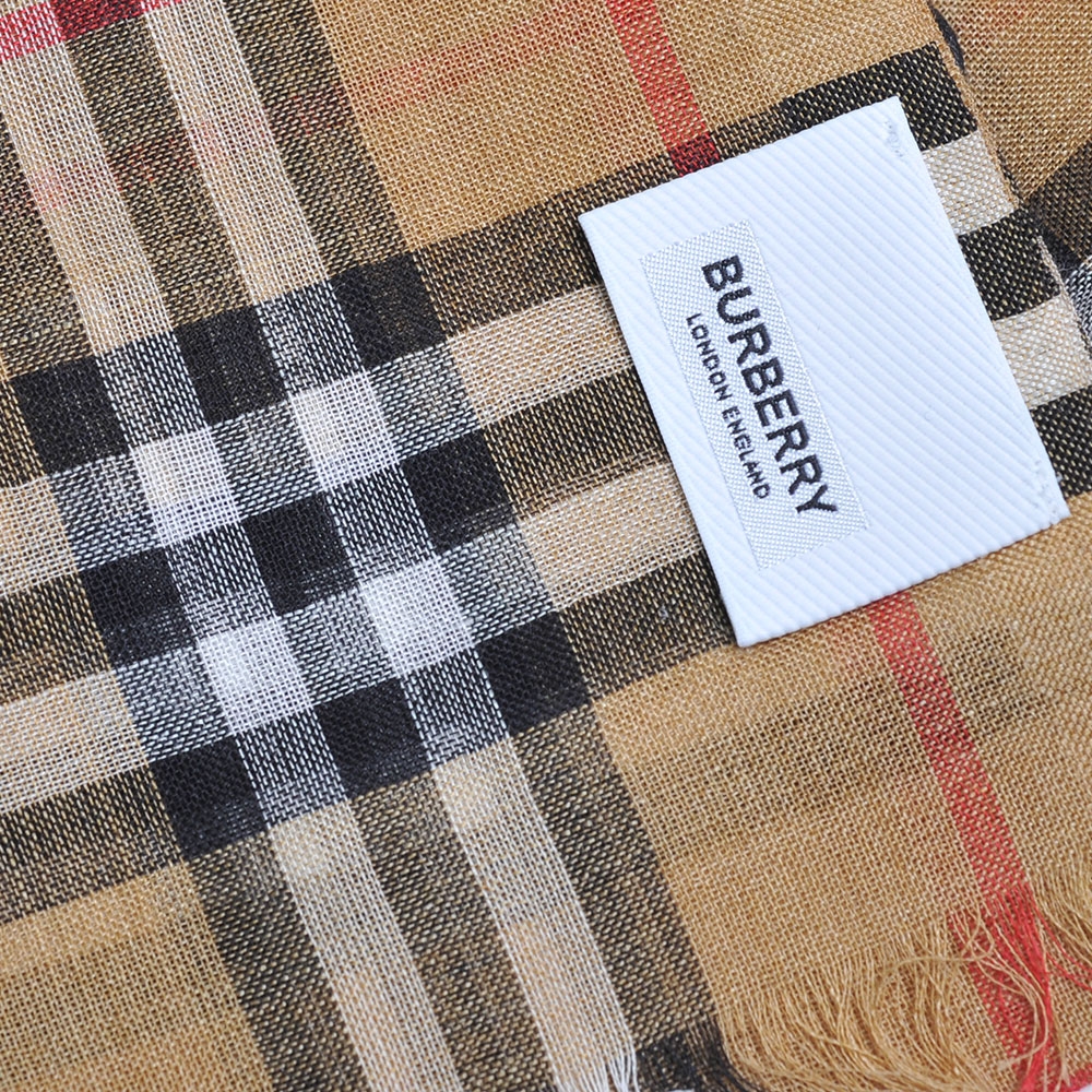 BURBERRY 義大利製 Vintage格紋羊毛混絲綢圍巾(古典黃)