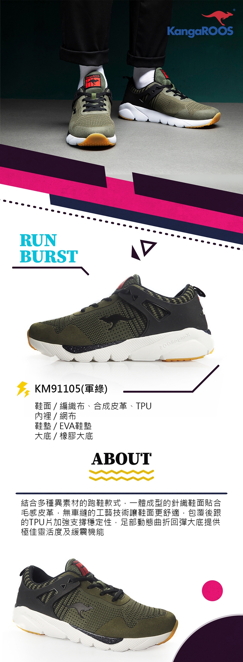 KANGAROOS 男 RUN BURST 科技針織跑鞋(軍綠)