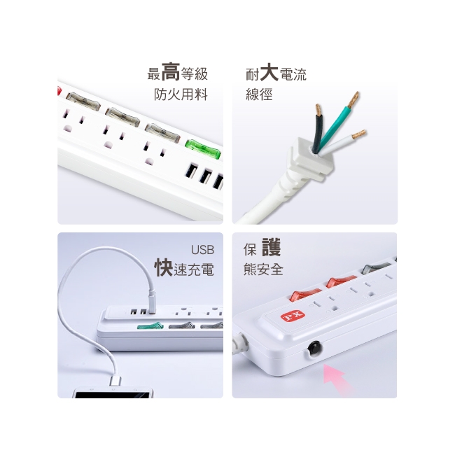 PX大通 PEC-65U36 1.8米 6切5座3孔3USB 電源延長線(快速到貨)