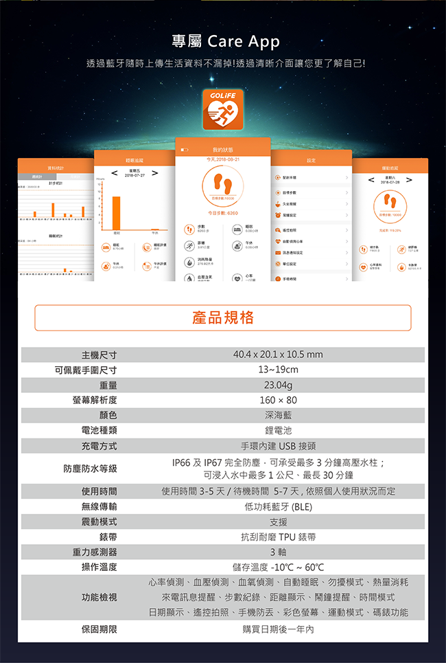 GOLiFE CareP 藍牙智慧全彩觸控心率手環(腕式光學心率感測技術)