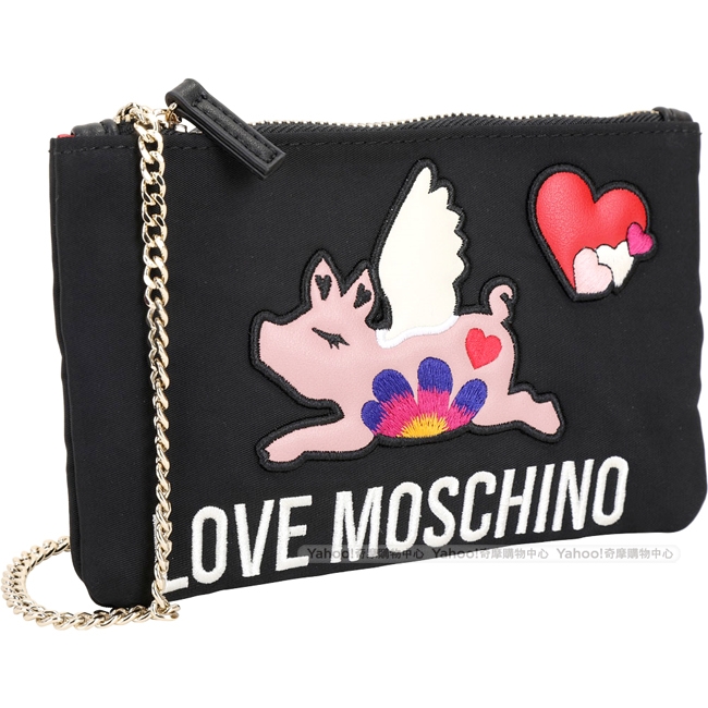 LOVE MOSCHINO 飛天豬尼龍手拿/鍊帶包(黑色)