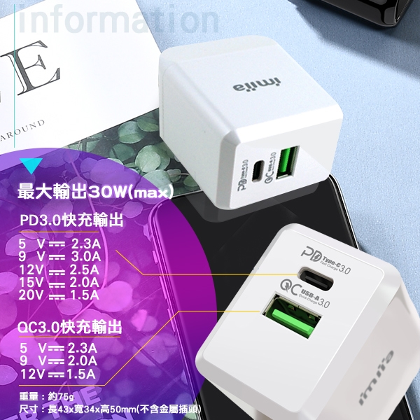 imiia小體積 PD/QC3.0雙口快速充電器TC-203 -30W