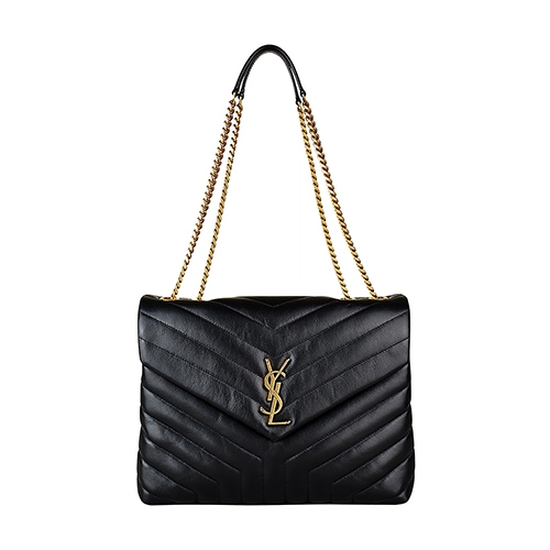 YSL SAINT LAURENT LOULOU金字LOGO Y字紋小牛皮扣式斜背包(黑