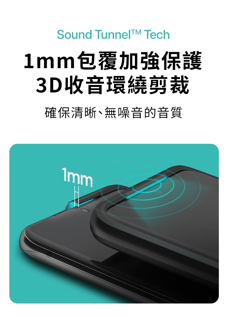 Sound Tunnel Tech包覆加強保護3D收音環繞剪裁確保清晰無噪音的音質1mm