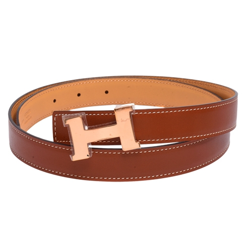 HERMES 經典H LOGO雙面兩穿小牛皮腰帶/皮帶(24MM-棕/駝X玫瑰金)