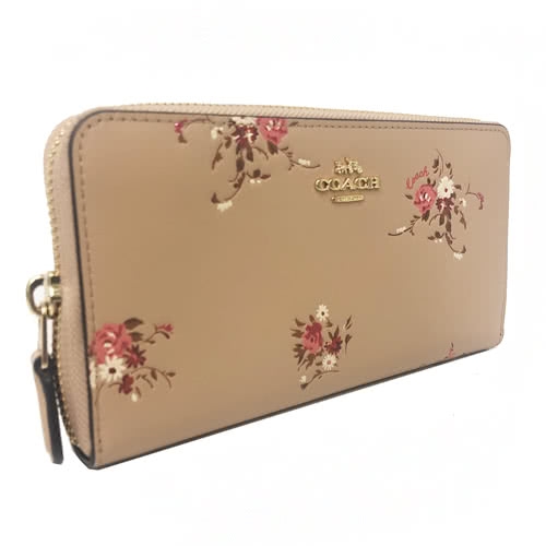 【4折出清】COACH 經典LOGO牛皮花卉ㄇ型拉鍊長夾-花卉/膚(展示品)