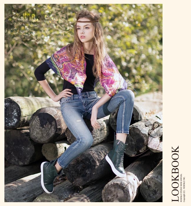 Robinlo 抓皺真牛皮後綁帶休閒短靴 綠色