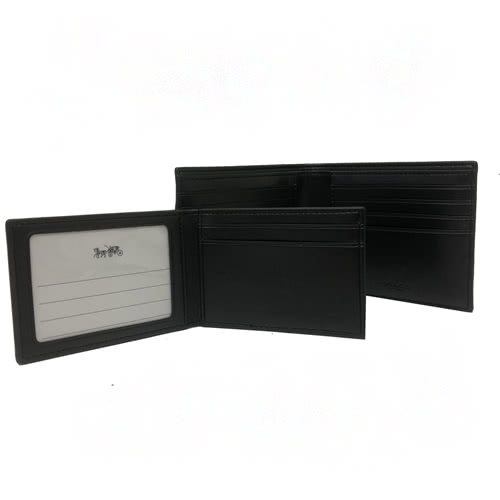 COACH 經典C LOGO立體配色橫紋PVC皮革 8卡對折輕便短夾附活動證件夾(黑灰)