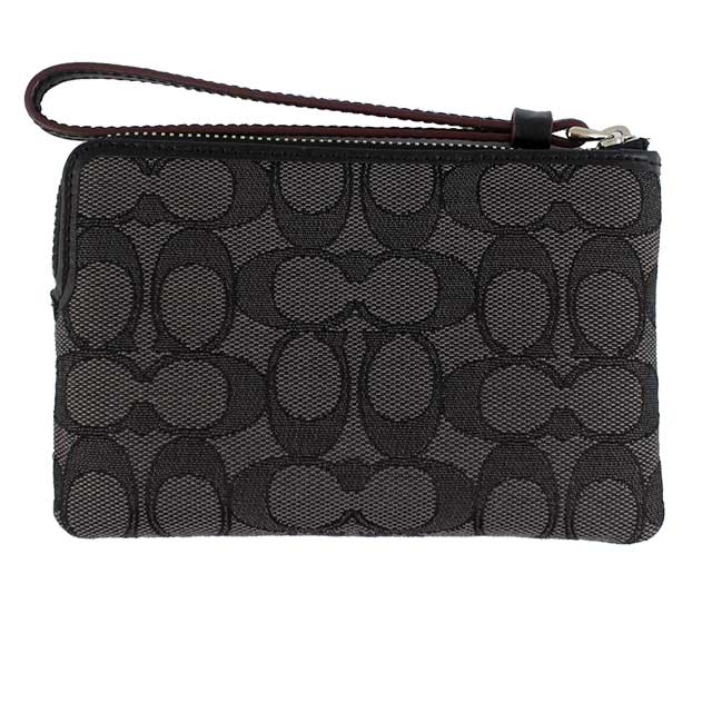 COACH 馬車LOGO灰黑色緹花帆布皮飾邊手拿包
