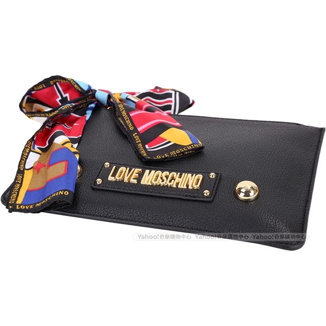 LOVE MOSCHINO 繽紛印花絲巾扁型手拿/鍊帶包(黑色)