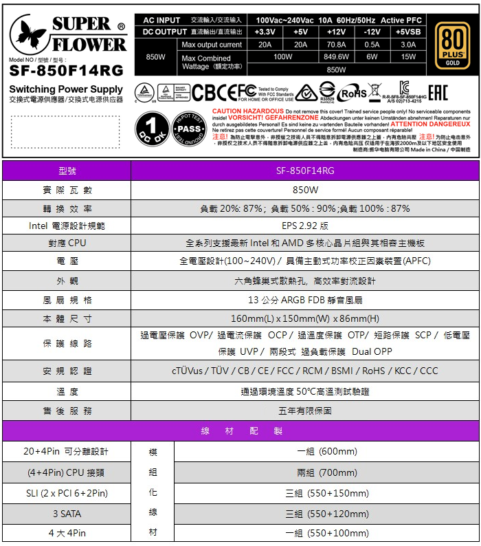 Super Flower 振華 Leadex III ARGB 850W 金牌 電源供應器