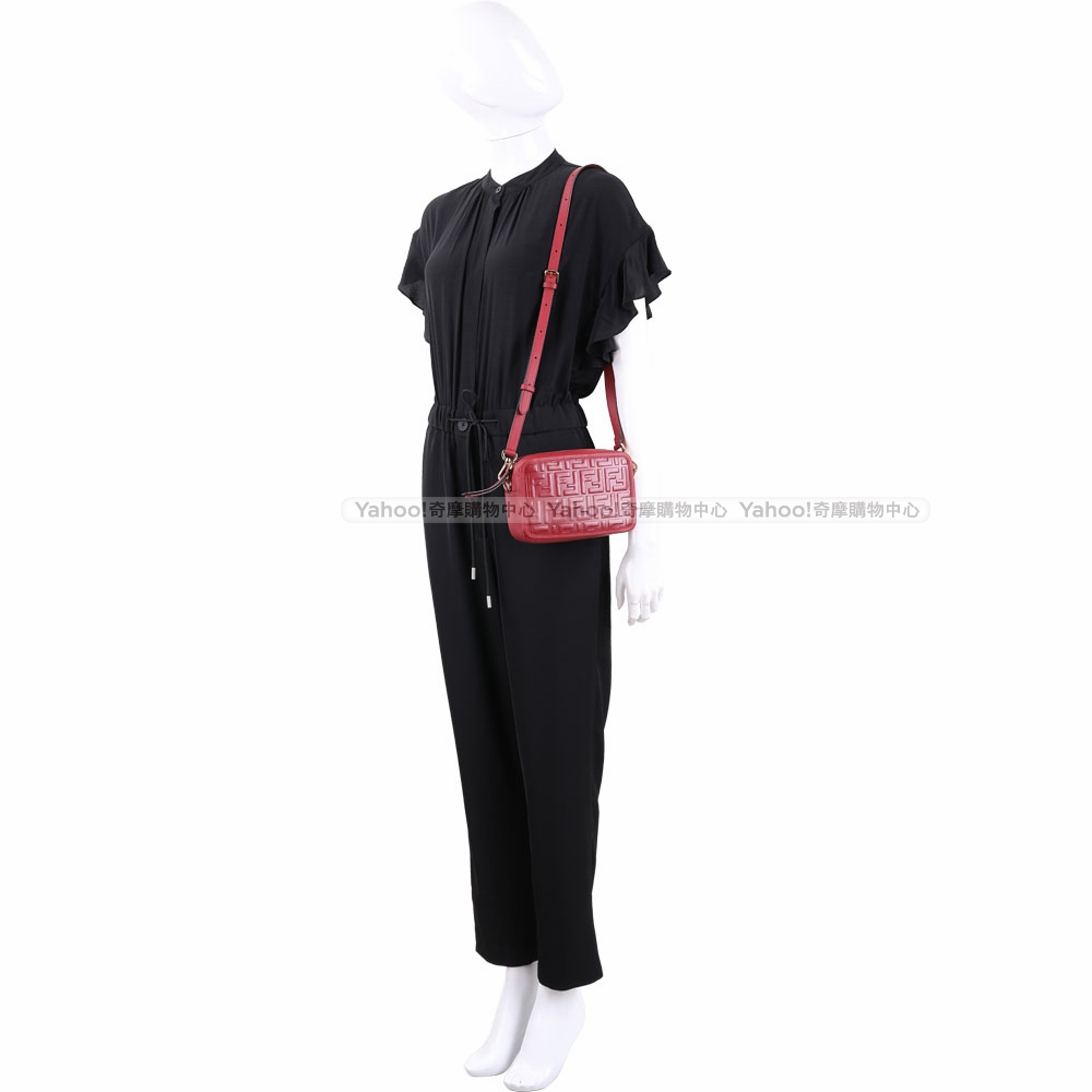 FENDI 迷你款 FF LOGO浮雕小牛皮相機包(紅色)