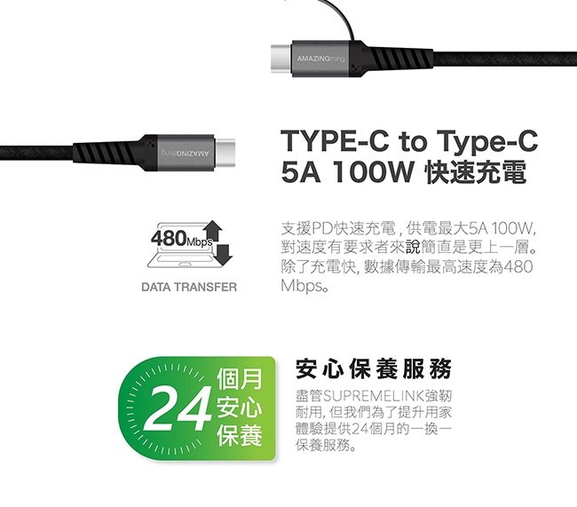 AMAZINGthing 2in1 Type C急速充電極耐用數據轉輸線