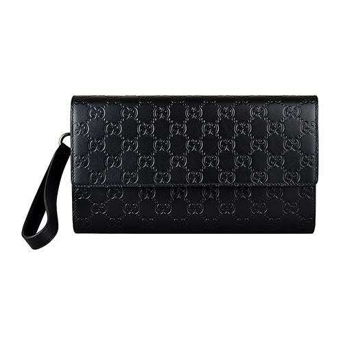 GUCCI雙G壓紋LOGO牛皮16卡扣式手拿包(黑)