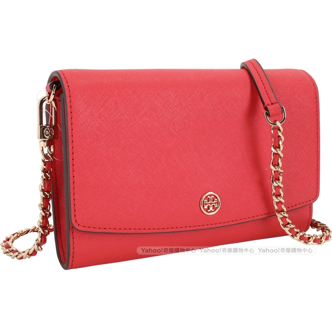 TORY BURCH Robinson 防刮皮革手拿鍊帶包(寶石紅)