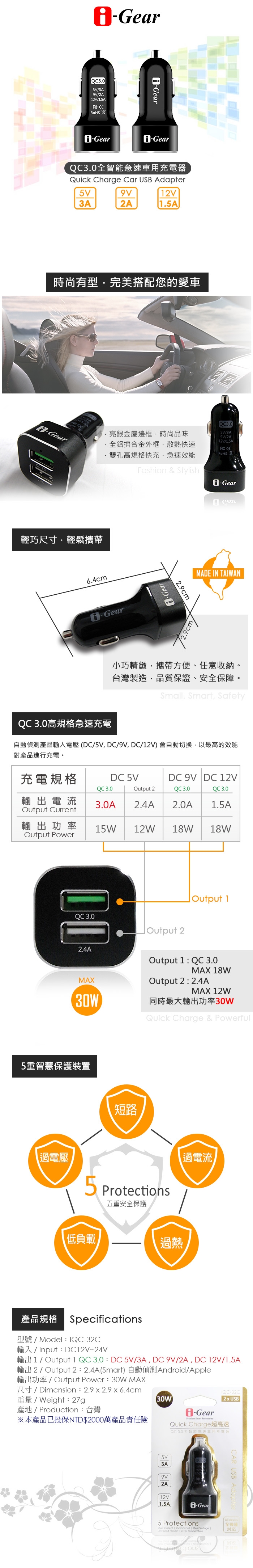 i-Gear QC3.0全智能急速2 PORT USB車用充電器 IQC-32C