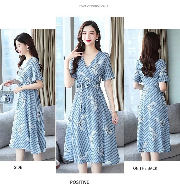 溫婉優雅仙鶴印花條紋蝶結繫帶洋裝S-XL-REKO