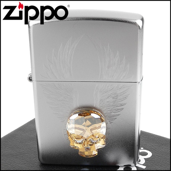 ZIPPO 美系~Gold Skull-骷髏之翼-施華洛世奇水晶貼飾打火機