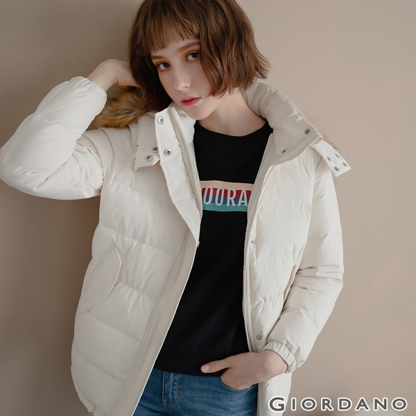 GIORDANO 女裝素色可拆式連帽羽絨外套 - 03 蘆筍白