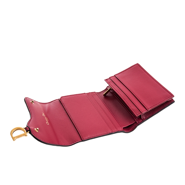 DIOR 新款SADDLE頂級小牛皮D釦金屬翻蓋式短夾 (酒紅)