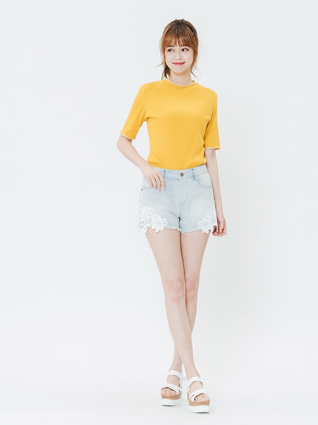 H:CONNECT 韓國品牌 女裝-蕾絲拼接牛仔短褲-藍